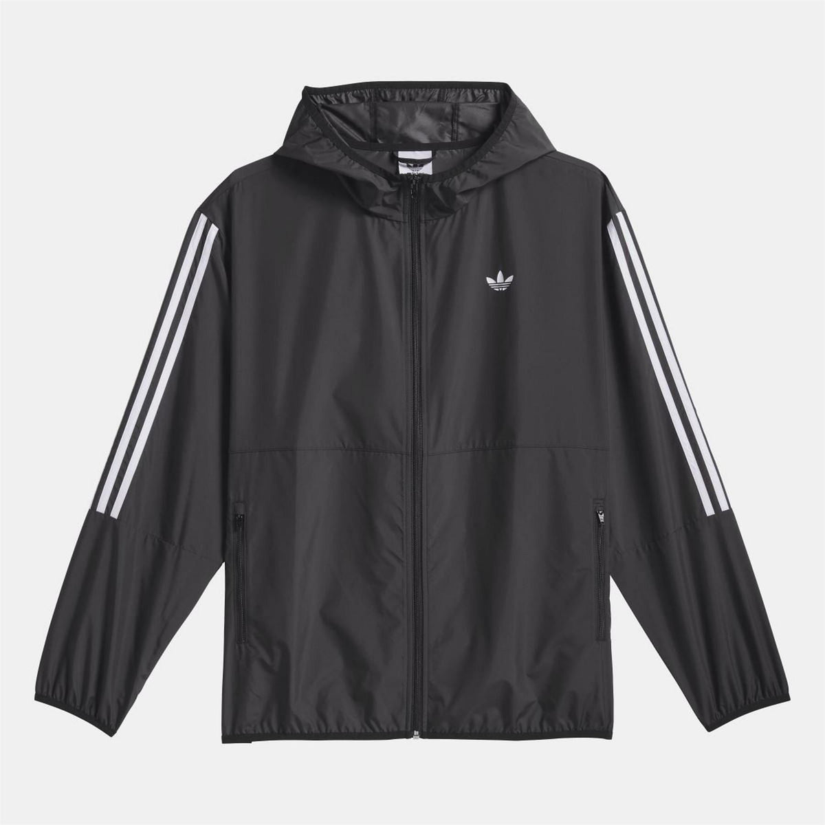 Black windbreaker jacket front view with hood, zip, and three white sleeve stripes