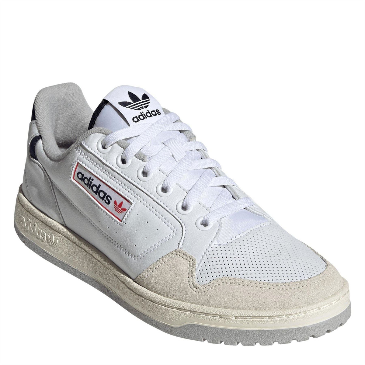 adidas Originals Ny 90 low-top trainers in white with black accents, showcasing the classic sneaker design and branding details