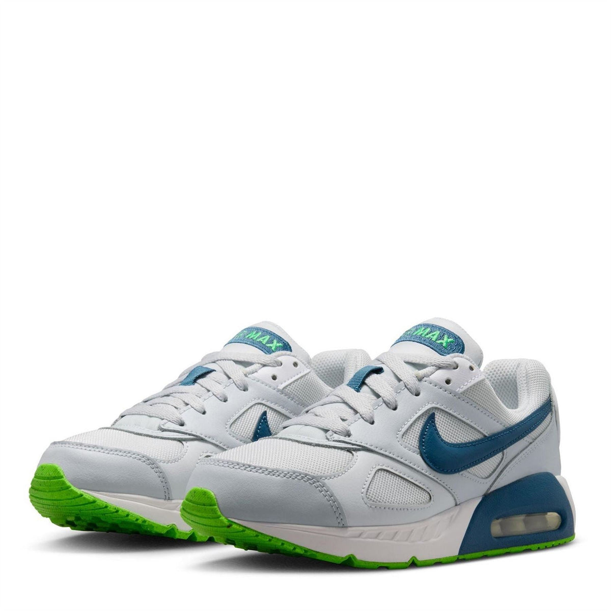 Pair of Kids Nike Air Max Ivo sneakers, white uppers with teal swoosh and green trim
