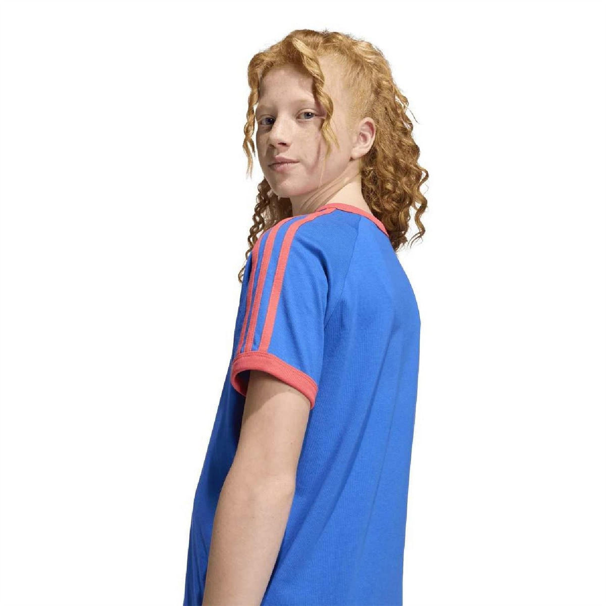 Kids blue T-shirt with orange side seam stripes and adidas trefoil logo