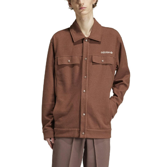 Brown button-front overshirt with collar, chest flap pockets, and long sleeves