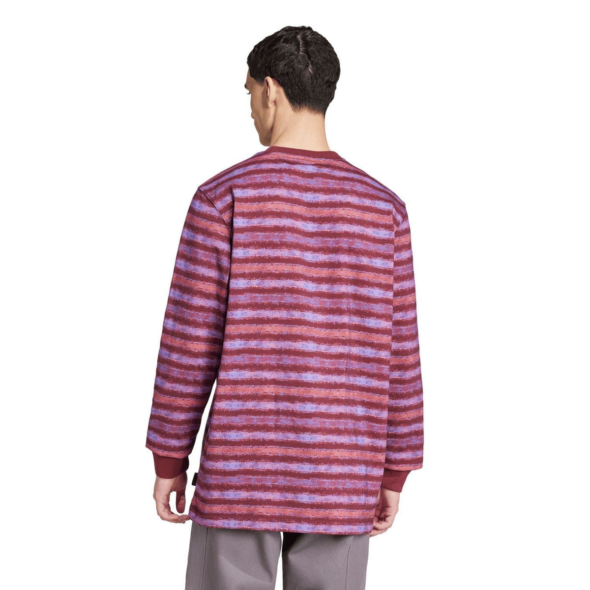 adidas Originals men's long sleeve striped t-shirt, maroon with pink/blue stripes
