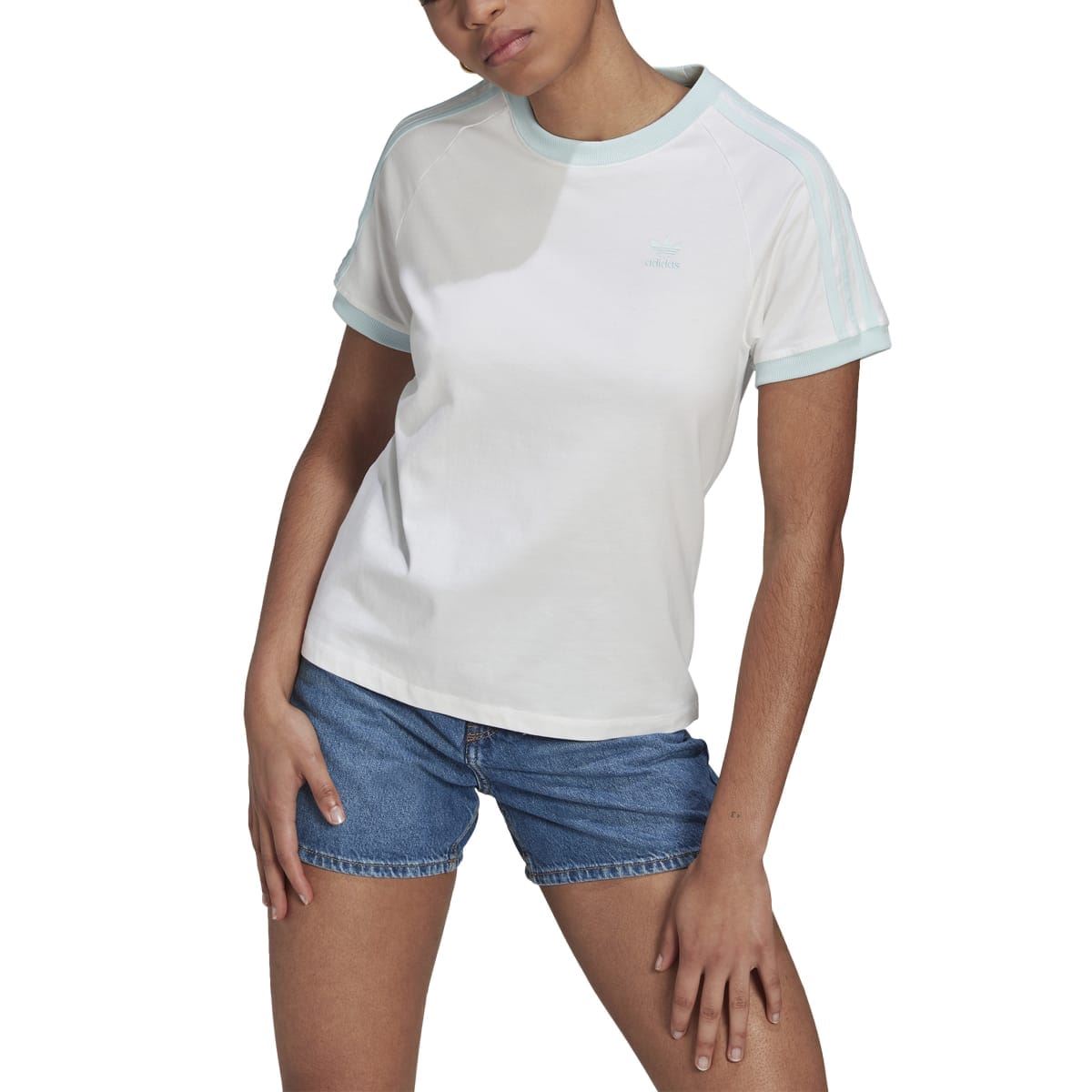 White adidas Originals graphic T-shirt with crew neck and light blue trim
