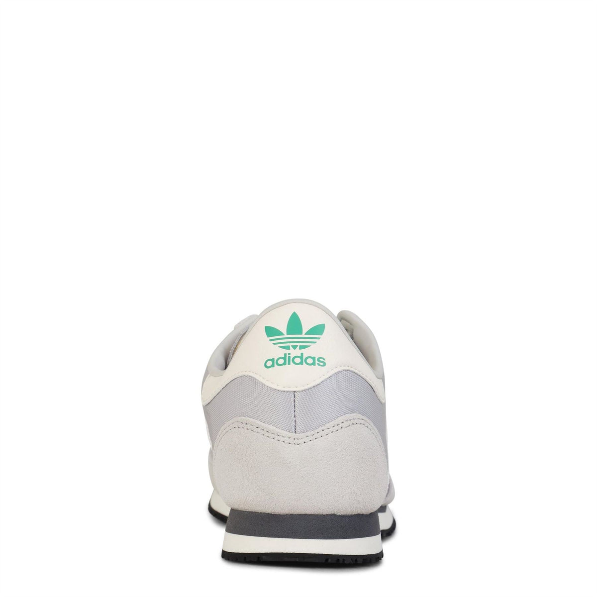 Back view of light grey adidas trainers with adidas logo on heel and black midsole