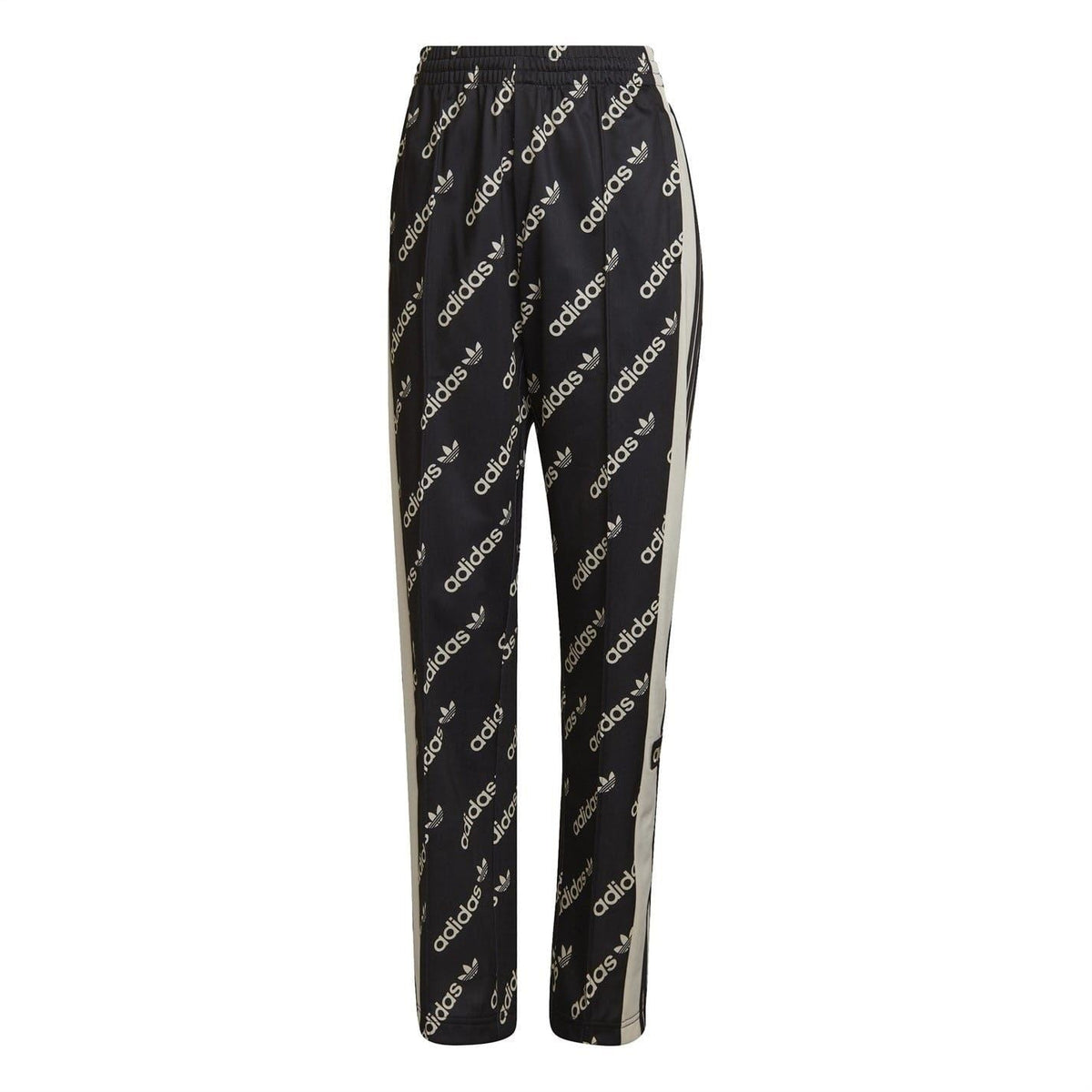 Black jogger sweatpants with allover adidas logos and side stripe accents
