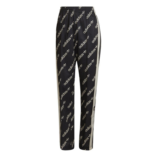 Black jogger sweatpants with allover adidas logos and side stripe accents