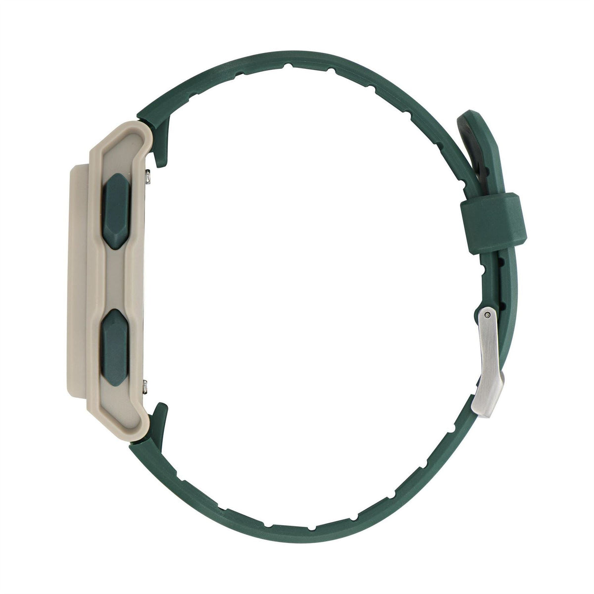 adidas Originals watch with green resin strap, open case underside view
