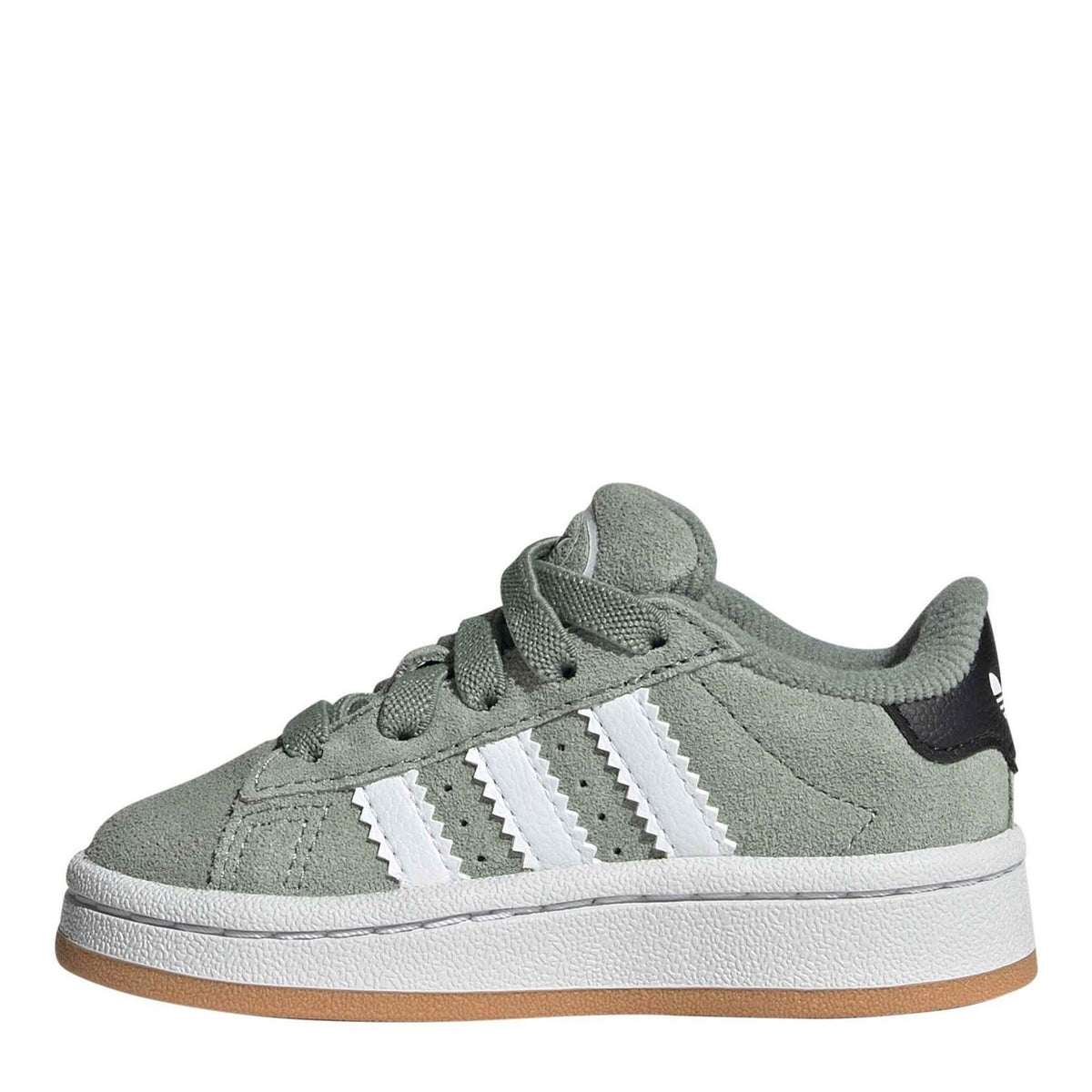 Infant crib sneakers with sage green suede upper, white triple stripes, and lace-up front