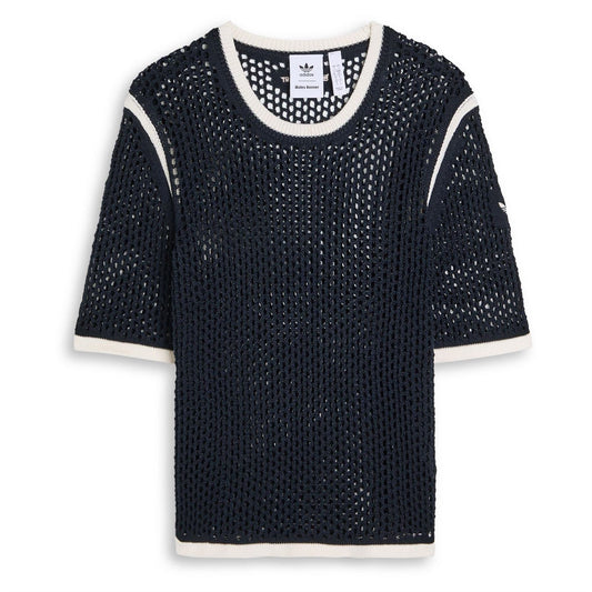 adidas Originals navy knit tee with crew neck and off-white ribbed trim, short sleeves