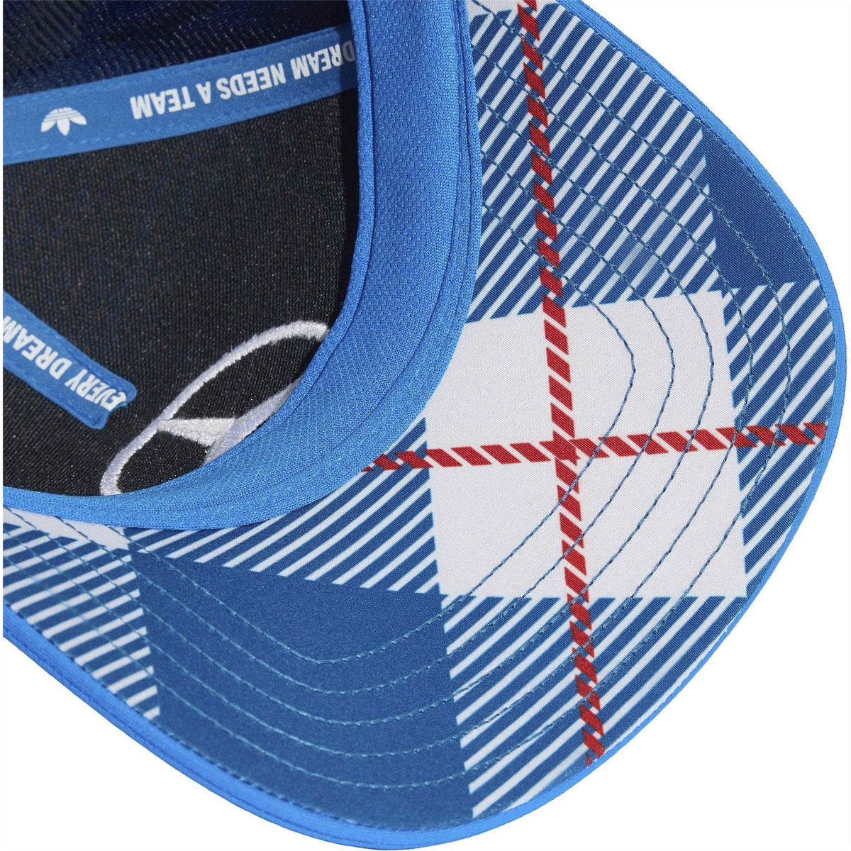Blue snapback cap interior with striped lining and red stitch lines near the brim