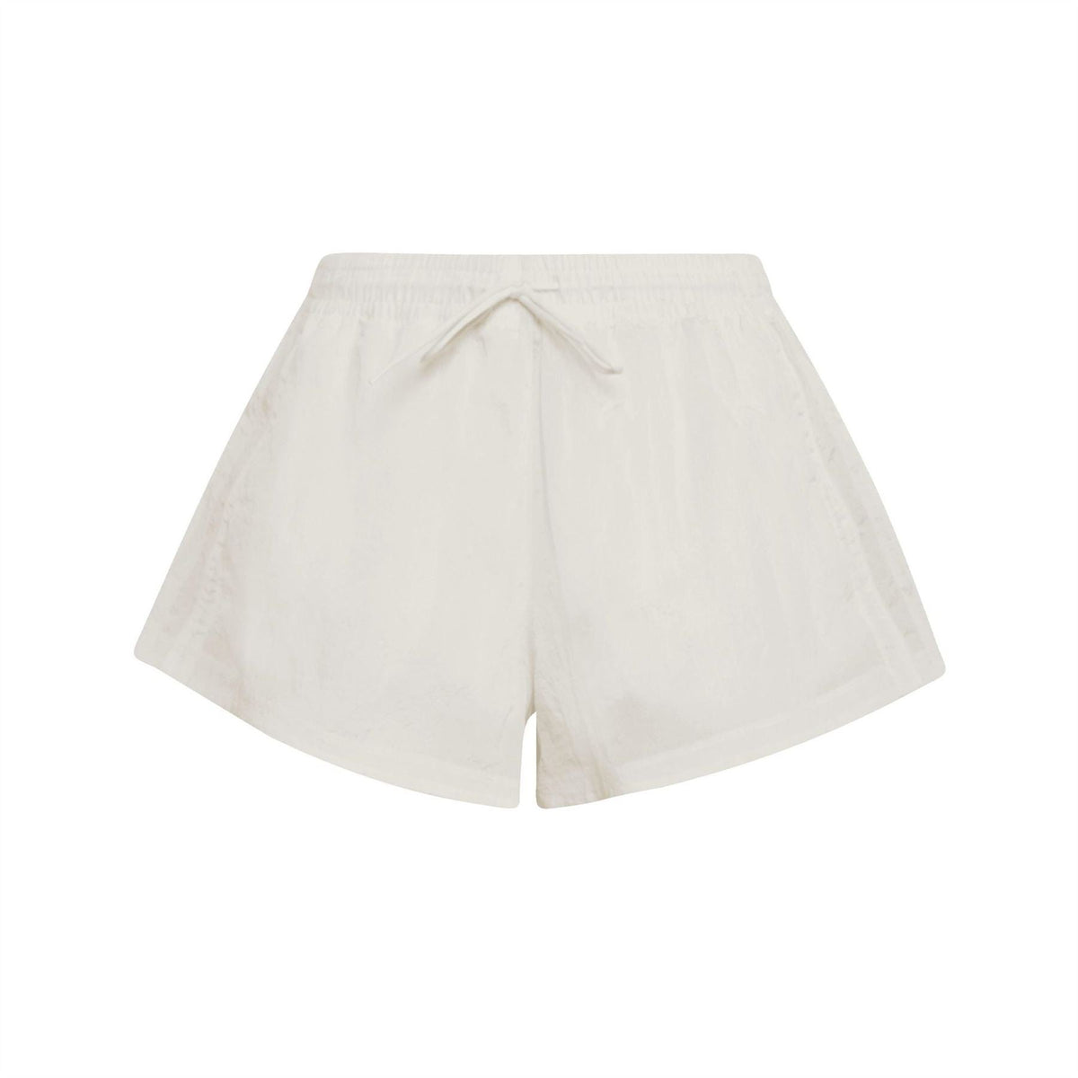 White woven track shorts with elastic waistband and drawstring