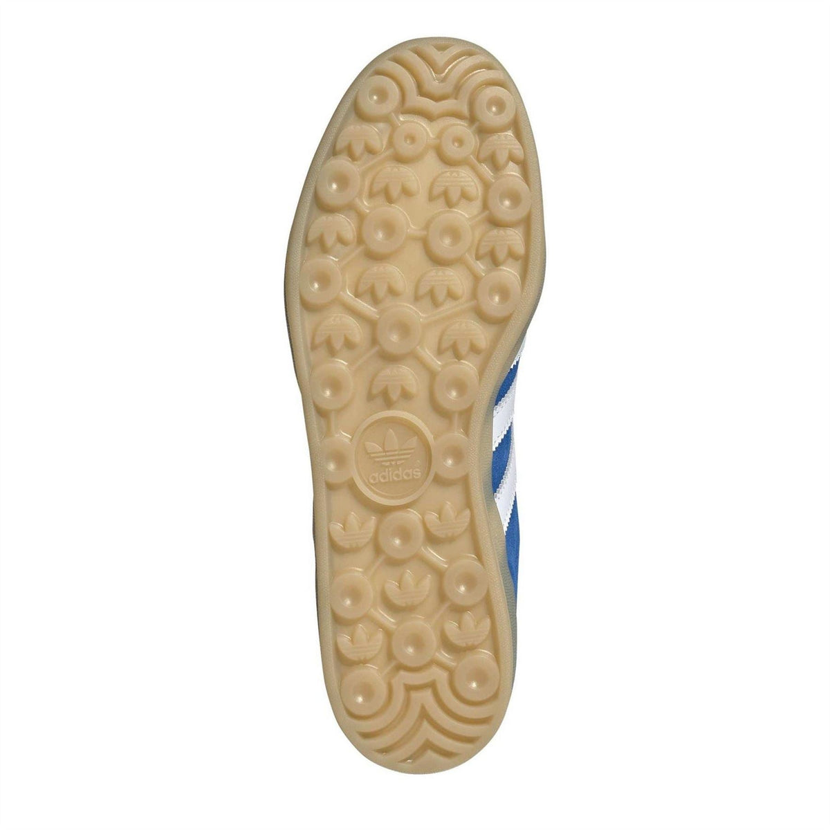 Gum rubber outsole for blue and white low-top canvas sneakers