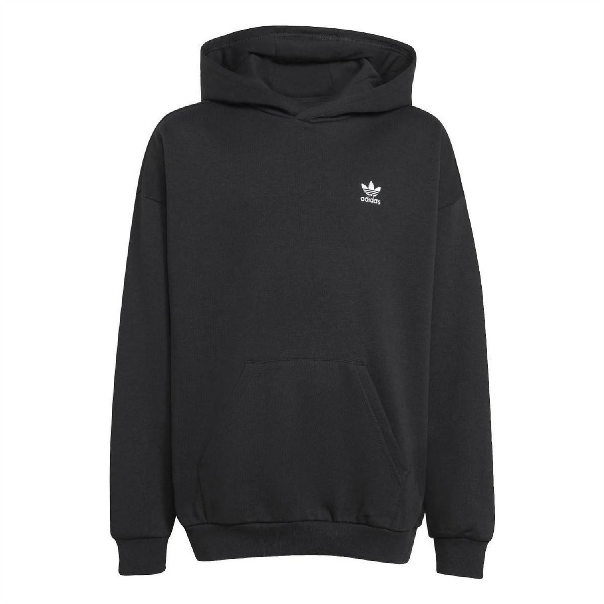 Black junior hooded sweatshirt with adidas logo, kangaroo pocket, long sleeves.