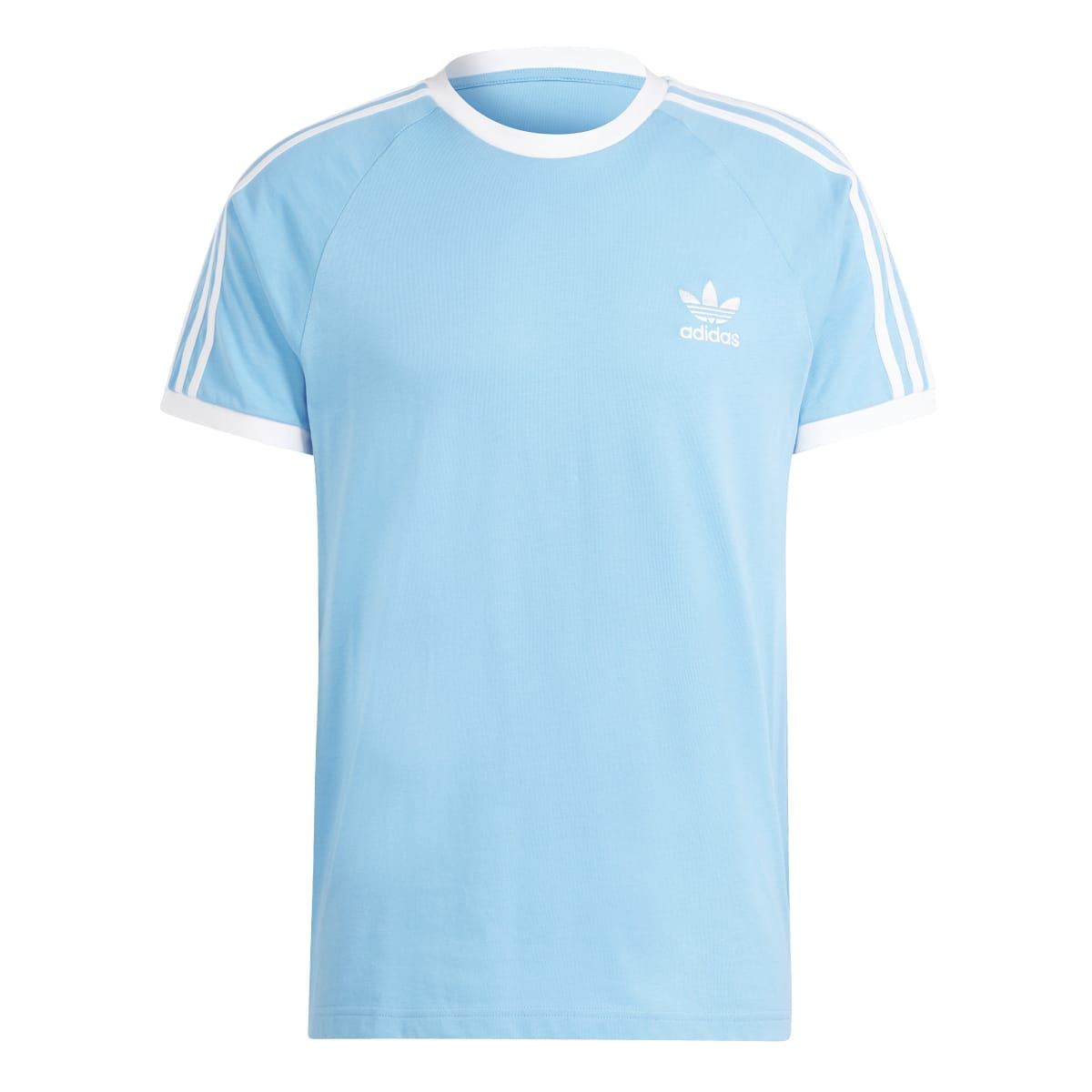Light blue crew-neck T-shirt with adidas chest logo and three white sleeve stripes
