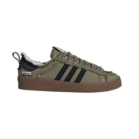 Olive lace-up trainers with navy Three Stripes, padded collar, and brown rubber sole