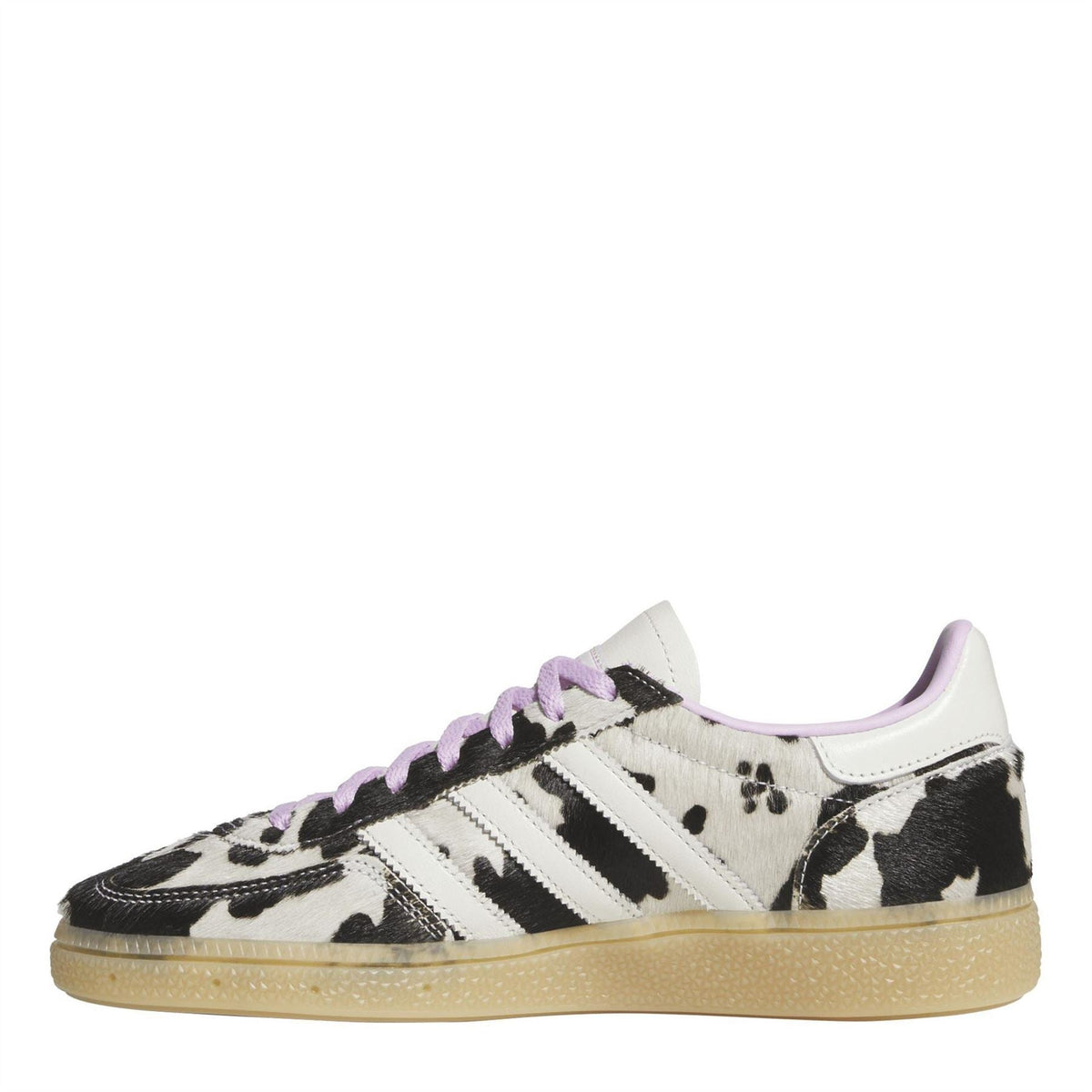Handball Spezial sneakers, side view, cow-print upper with purple laces and gum sole