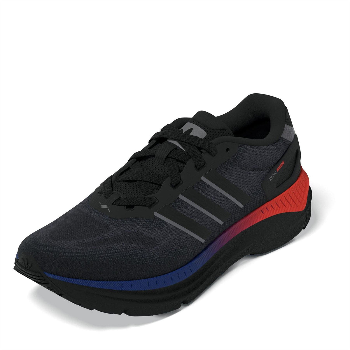 Black lace-up running shoe with 3-bar stripe design and red/blue accent sole