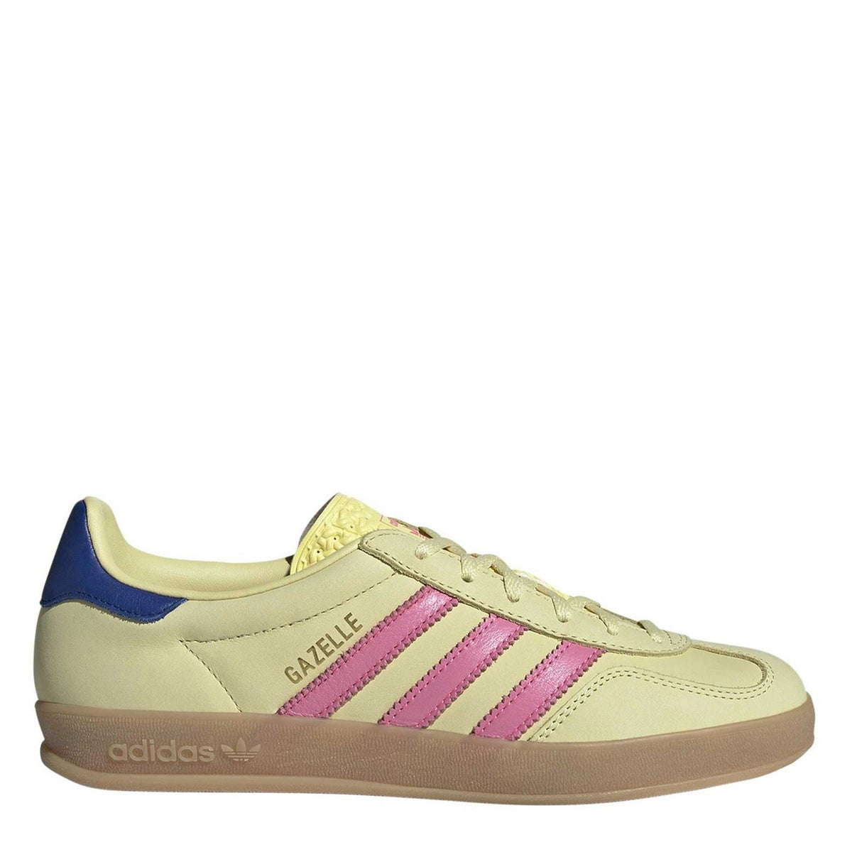 adidas Gazelle low-top sneakers in light yellow with pink stripes, blue heel, gum sole