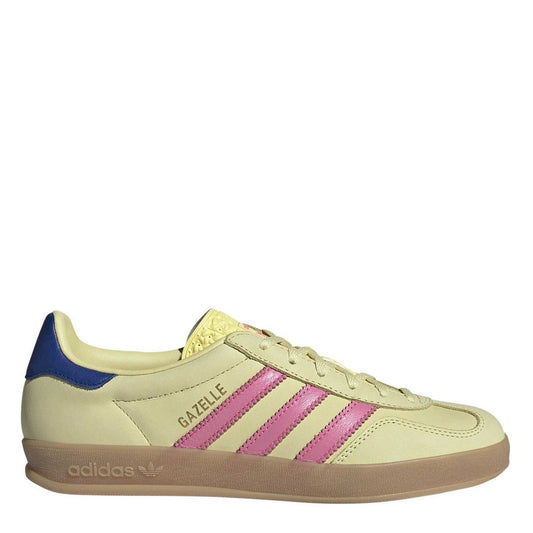 adidas Gazelle low-top sneakers in light yellow with pink stripes, blue heel, gum sole