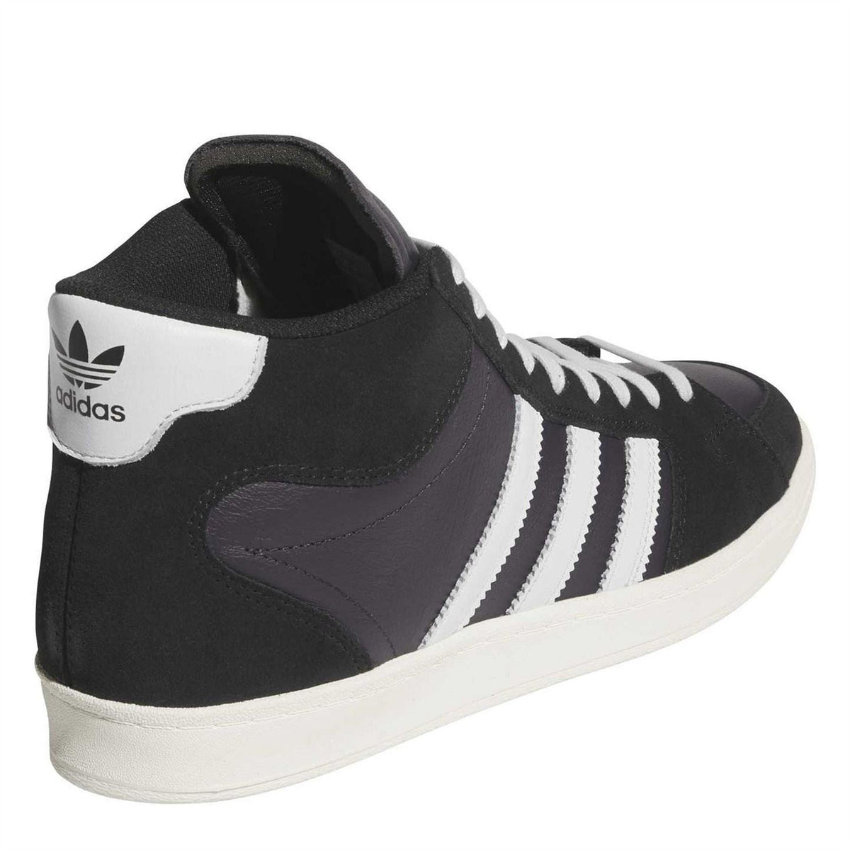 Black mid-top sneakers with white heel tab and three-stripe side panel