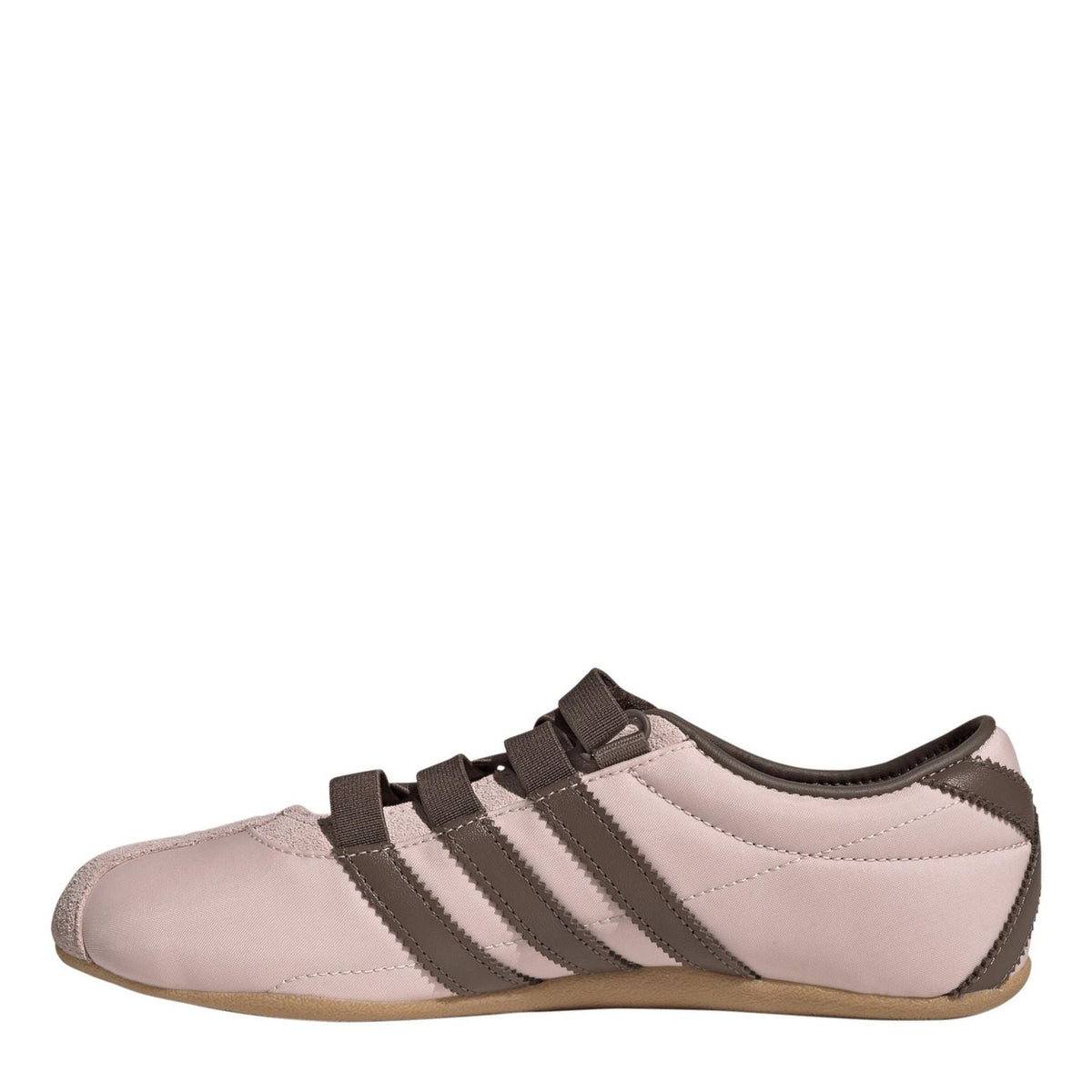 Women's adidas Tokyo sneakers, pale pink side with dark brown three-stripe band and straps
