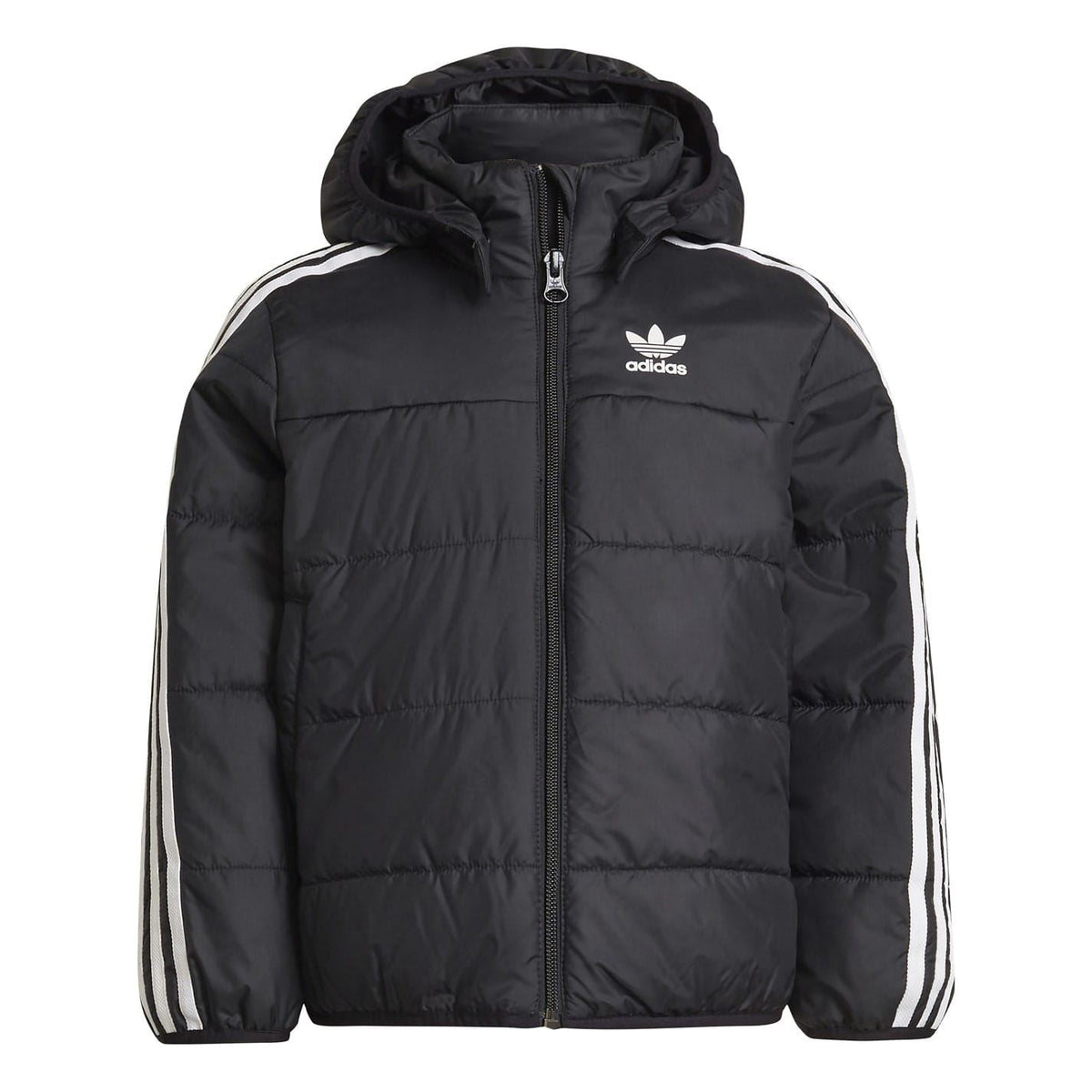 Black adidas hooded puffer jacket with full-zip and chest logo
