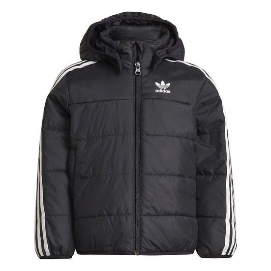 Black adidas hooded puffer jacket with full-zip and chest logo