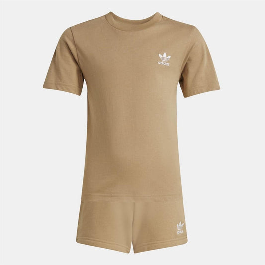 Brown adidas T-shirt and shorts set with crew neck and small trefoil logo