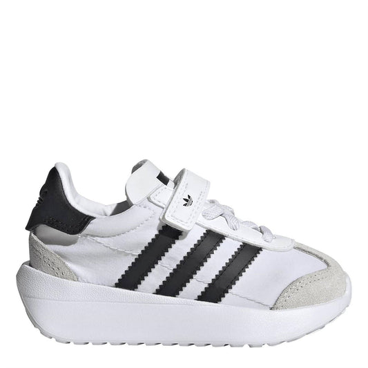 White juniors lace-up sneakers, adidas three stripes, black heel, hook-and-loop strap