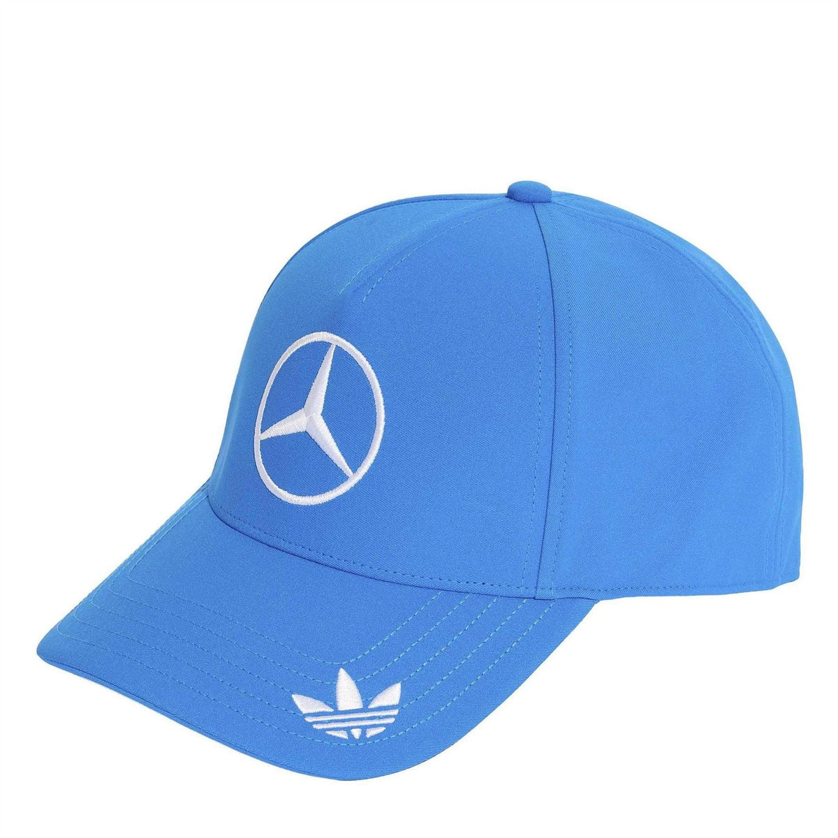 Blue snapback cap with Mercedes logo and embroidered adidas trefoil at front