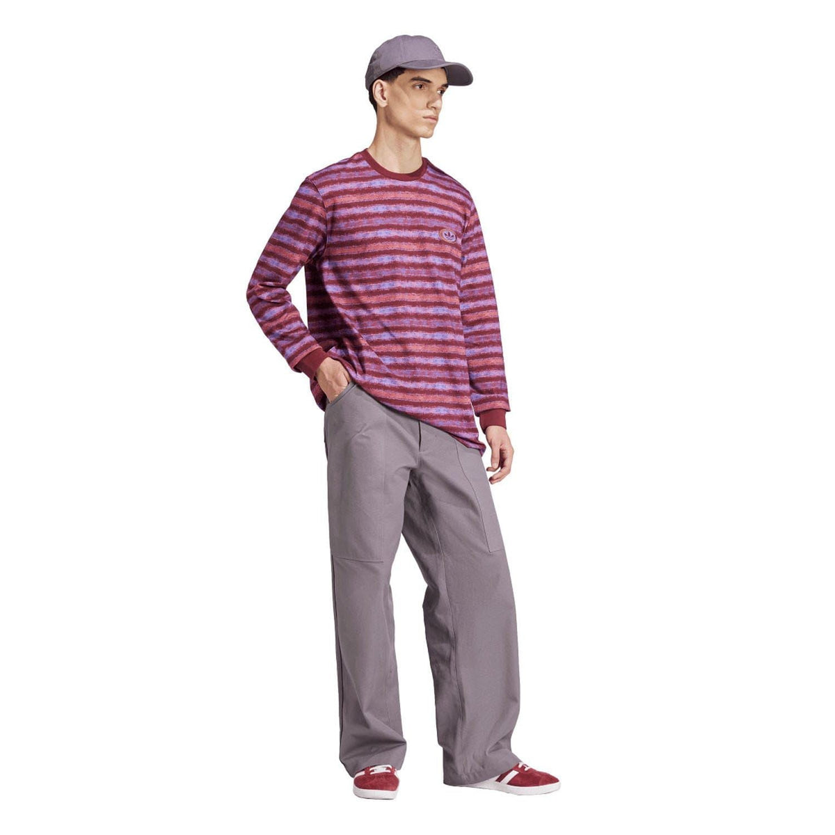 adidas Originals men's long sleeve striped t-shirt, crew neck, maroon/pink horizontal stripes