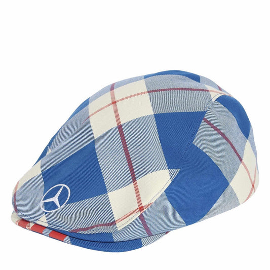 Plaid ivy cap with embroidered Mercedes logo, blue and cream tones