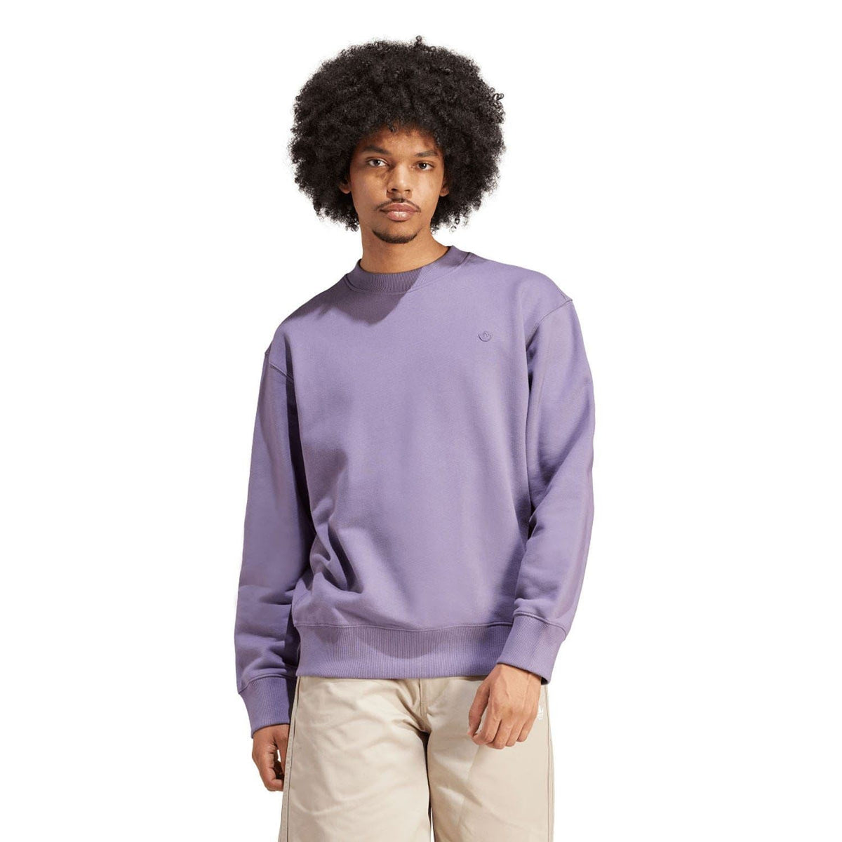 adidas Originals violet crewneck sweatshirt with ribbed collar, cuffs, and hem