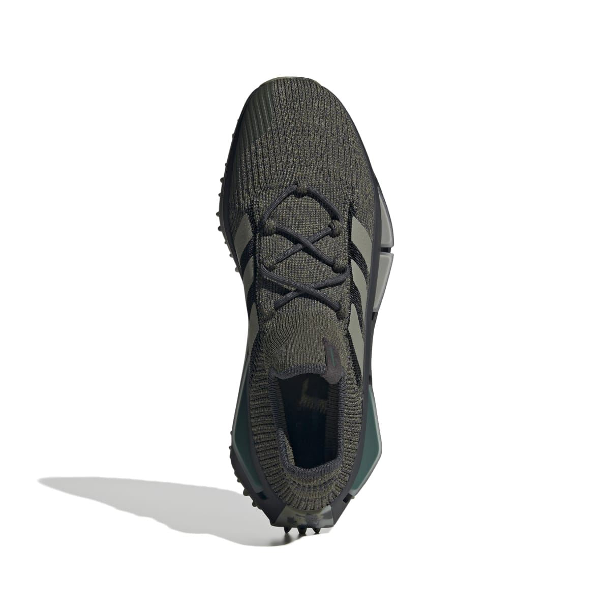Dark olive adidas NMD_S1 trainer from side view, showing laces and teal cushioning window