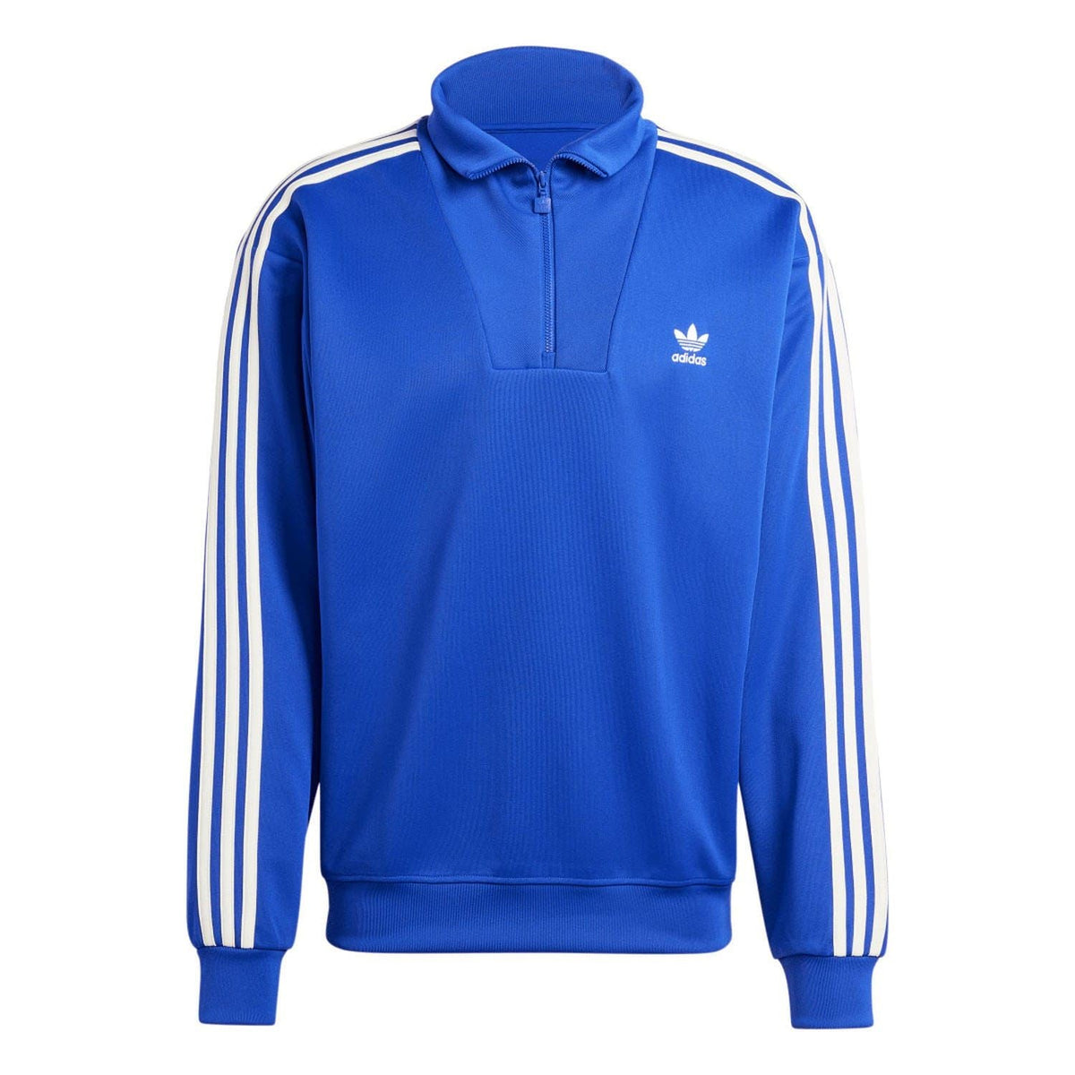 Blue adidas funnel-neck track top with half-zip and white triple shoulder stripes.