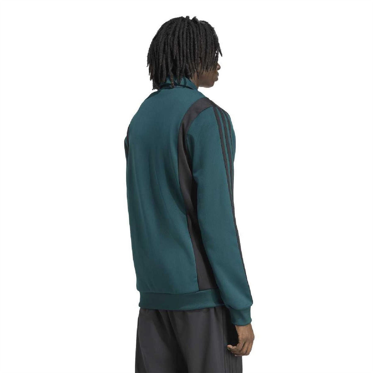 adidas Originals teal zip-up track jacket with striped sleeve panels, rear view