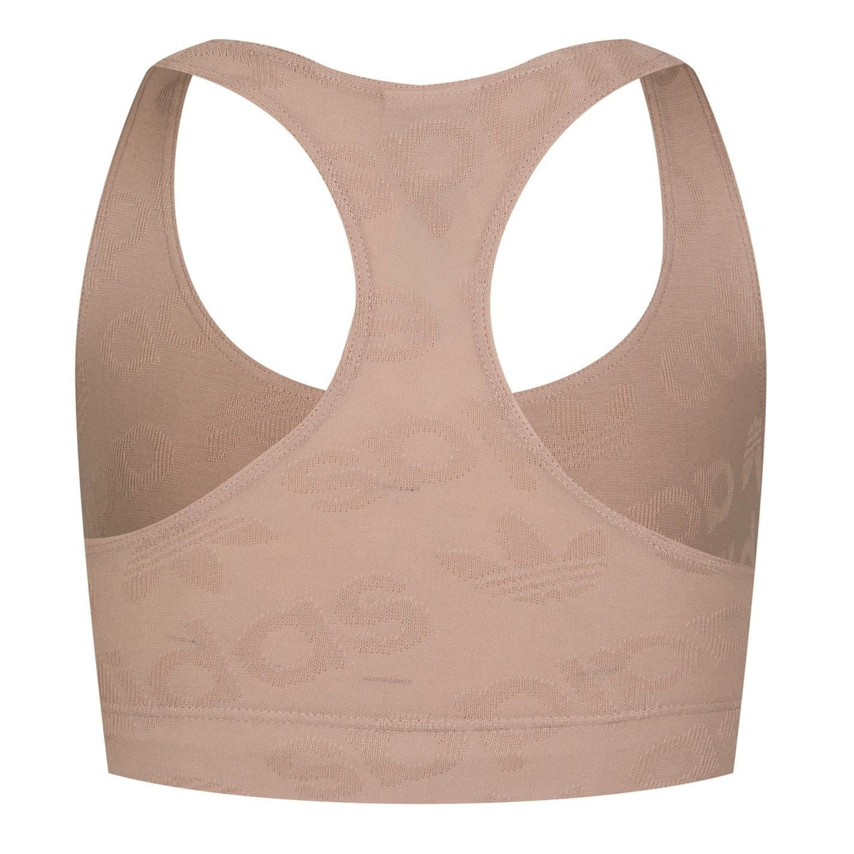 Women's racer back crop top in toasted sugar beige, racerback straps and subtle logo print.
