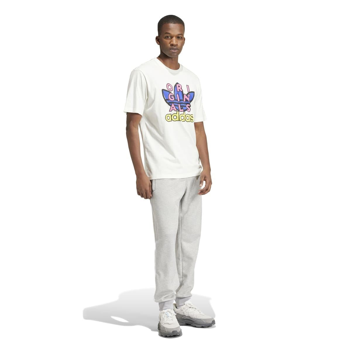 Off-white short-sleeve T-shirt with multicolor 'ORIGINALS' adidas chest graphic