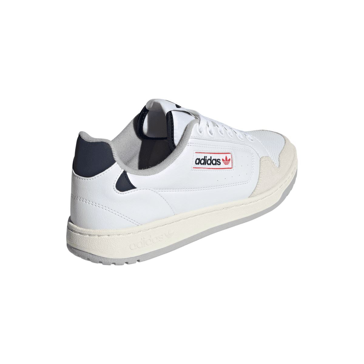 White adidas NY 90 trainers with black heel counter and rear adidas logo patch.