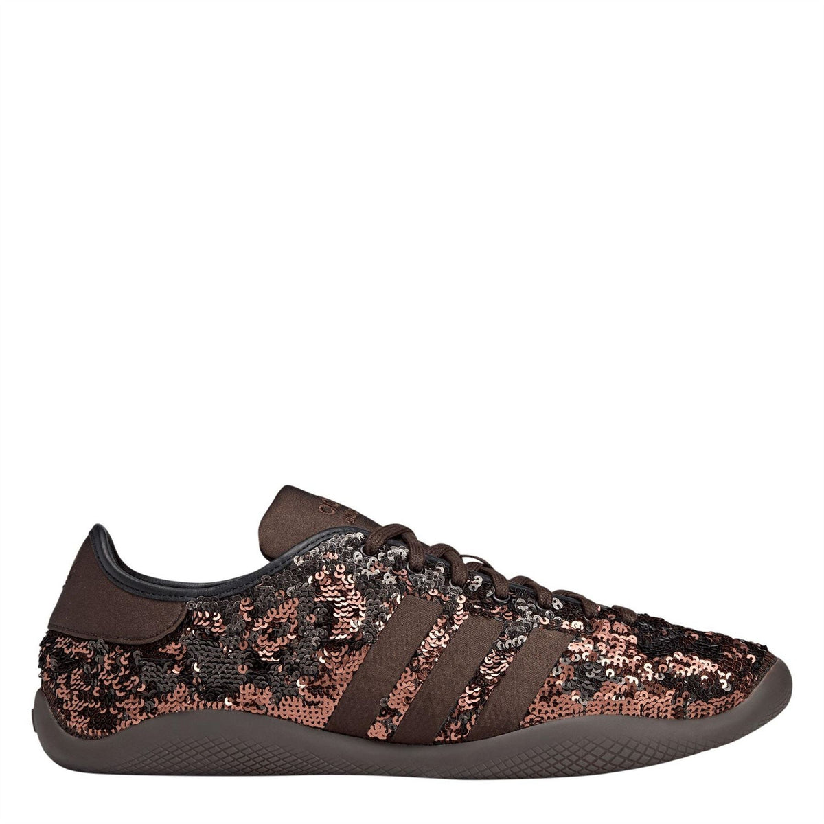 Low-top sequin sneaker in dark copper and black with three stripe detail and laces
