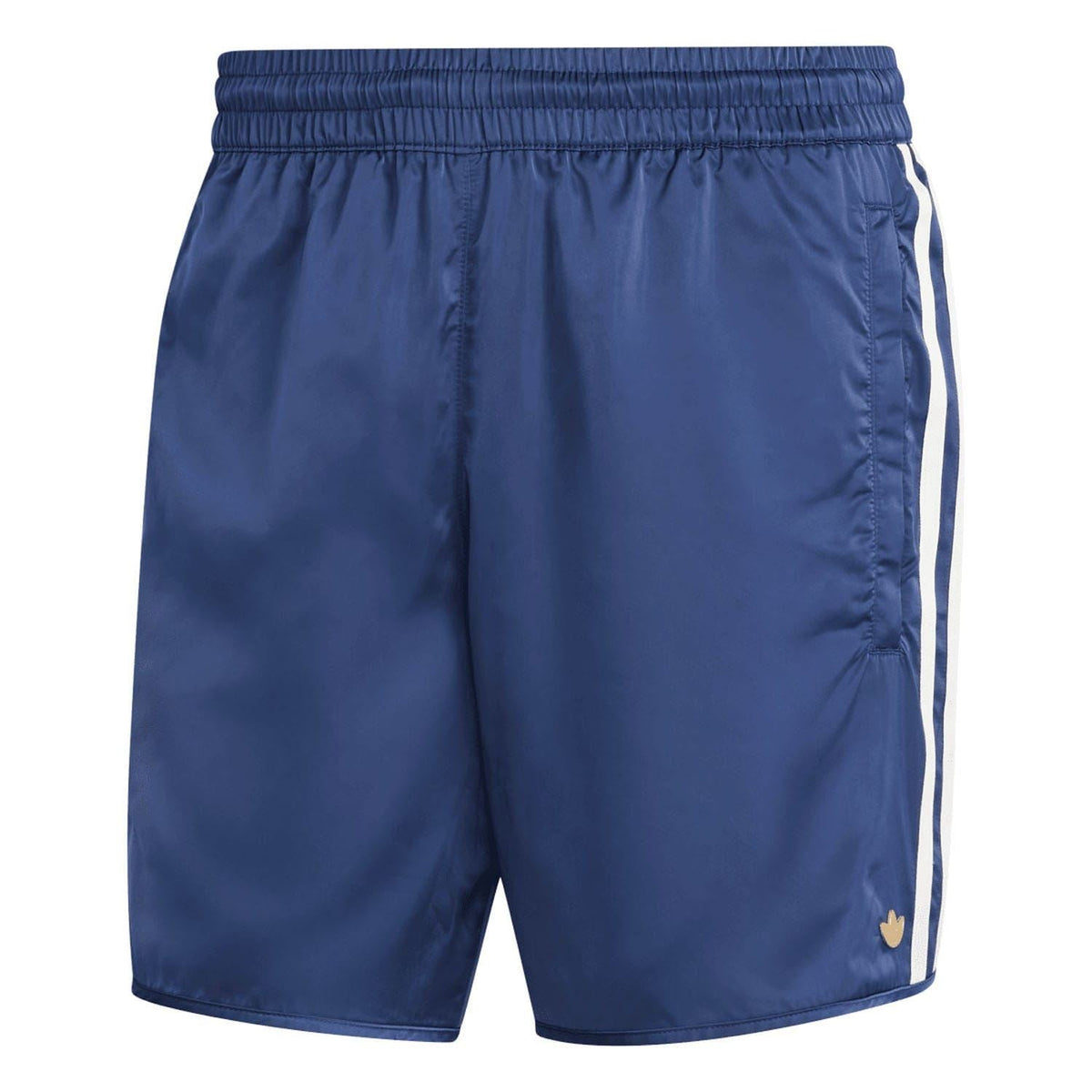Indigo blue adidas Originals sprinter shorts with elastic waistband and white side stripes