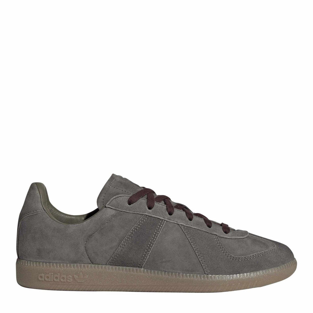 Charcoal gray low-top sneakers with burgundy laces and gum rubber sole