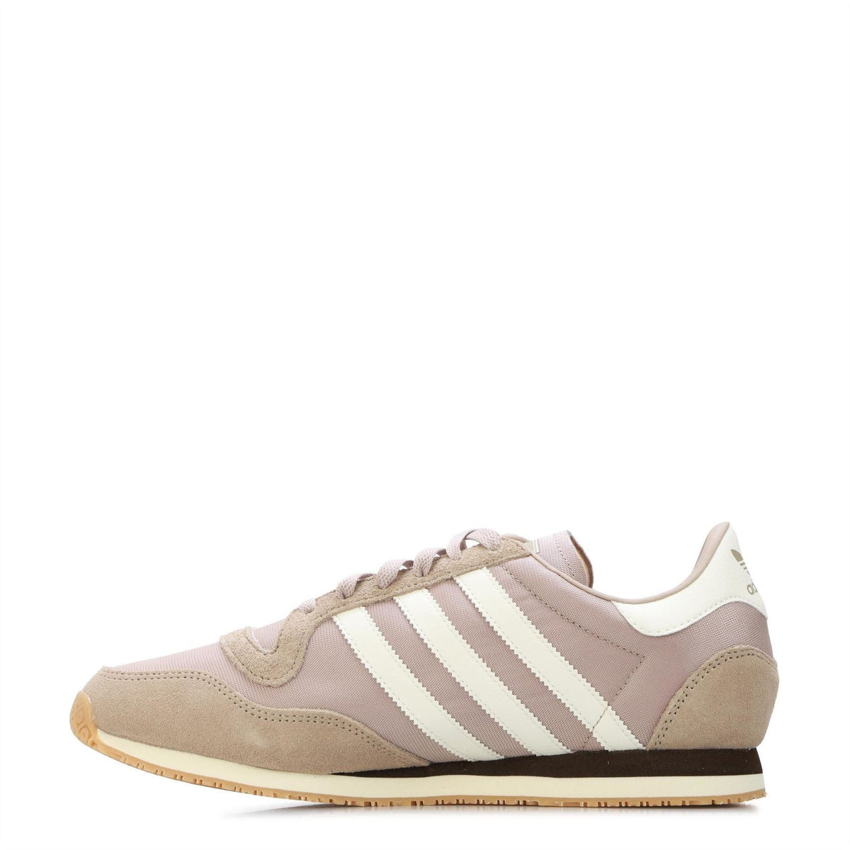 Beige adidas trainers with suede overlays, white three-stripe design, and gum outsole