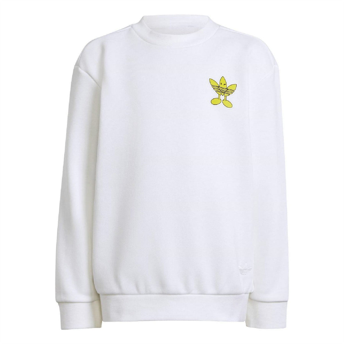 White crewneck sweatshirt with small yellow bird logo on the chest