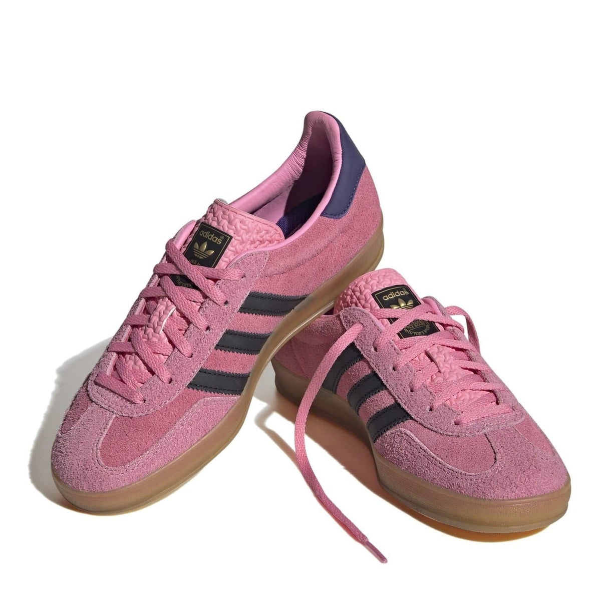adidas Originals low-top Gazelle trainers, pink suede laced with navy stripes and gum outsole