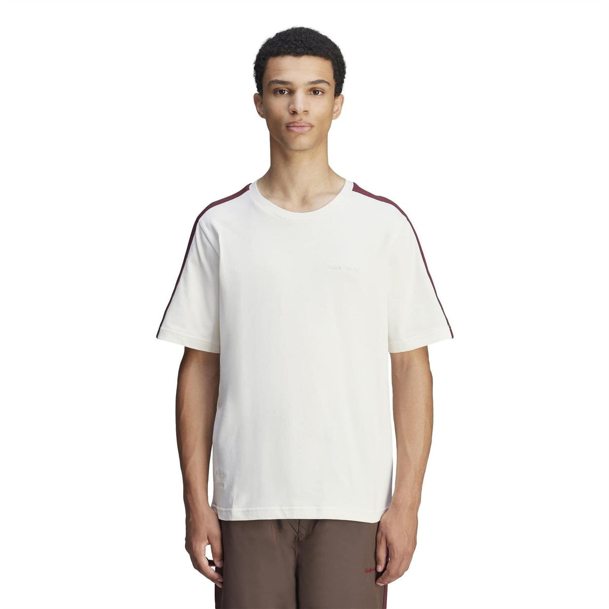 Chalk white crew-neck T-shirt with red-and-black shoulder stripe trim