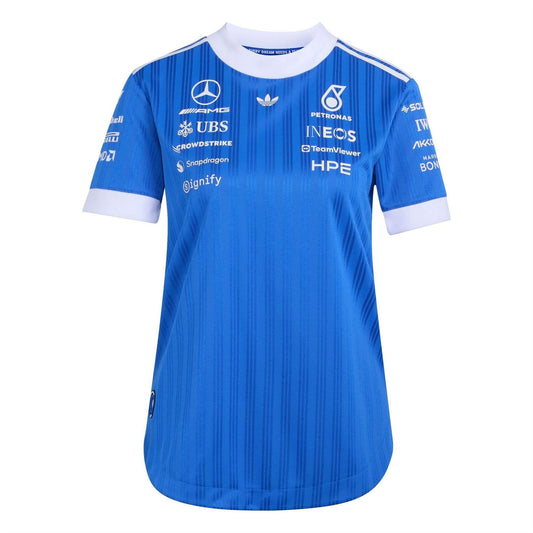 Blue adidas crew neck jersey T-shirt with white trim and printed sponsor graphics