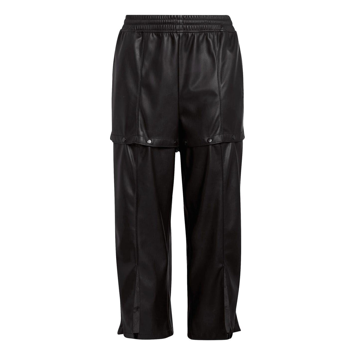 Black adidas Originals track pants flat lay with elastic waistband and cargo pocket panel