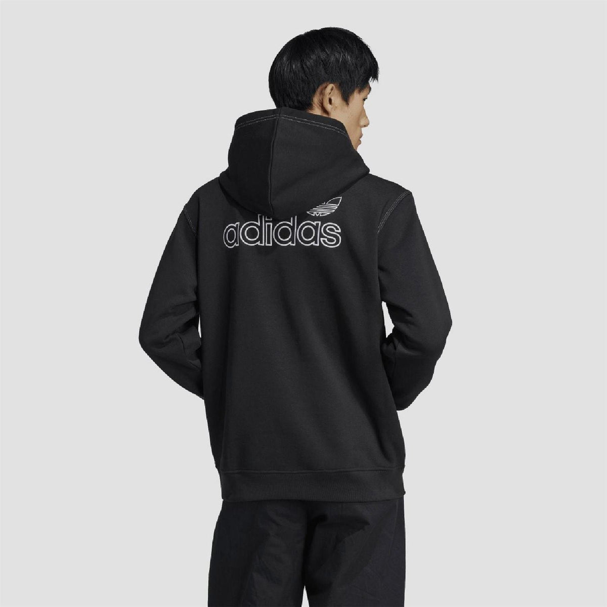 Black adidas Originals hoodie, back view with adidas logo and drawstring hood
