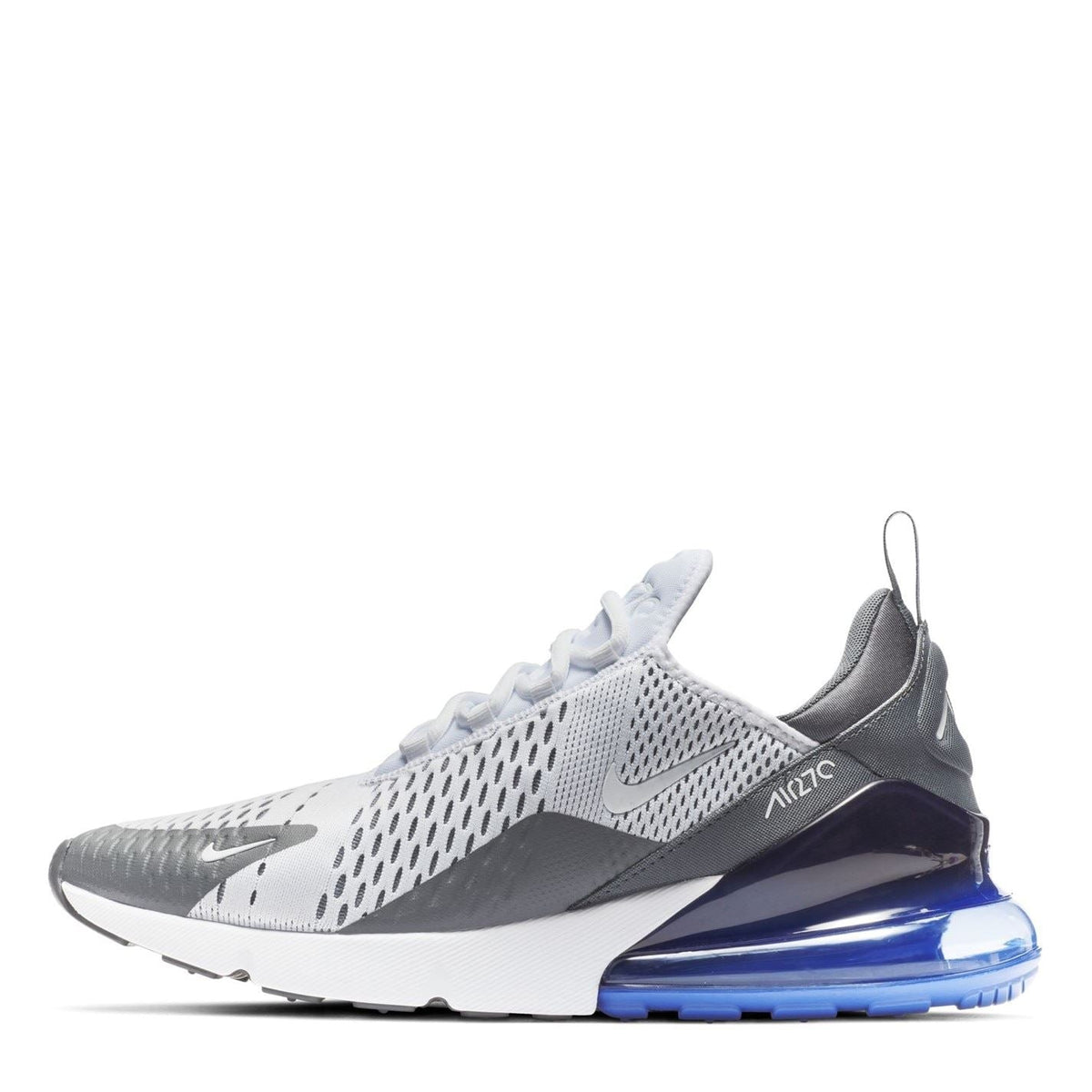 Men's Nike Air Max 270 trainers, white and grey with blue heel unit